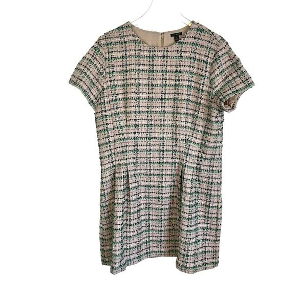 Ann Taylor Pink Cream & Green Plaid Tweed Dress Fit & Flare Short Sleeve Size 16 - Picture 1 of 8